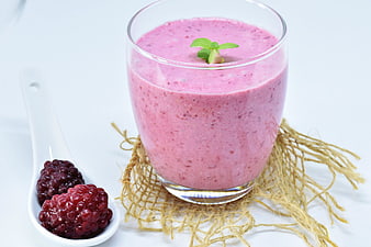 Pink Berry Smoothie with Blackberries and Mint Garnish