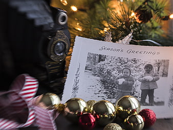Vintage Christmas Card with Ornaments and Old Camera