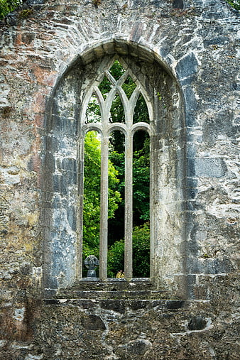 Gothic Stone Window Arch In Ancient Monastery Ruins