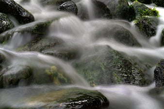 Long Exposure Flowing Water Over Mossy Rocks
