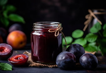 Homemade Plum Jam in Glass Jar with Fresh Plums