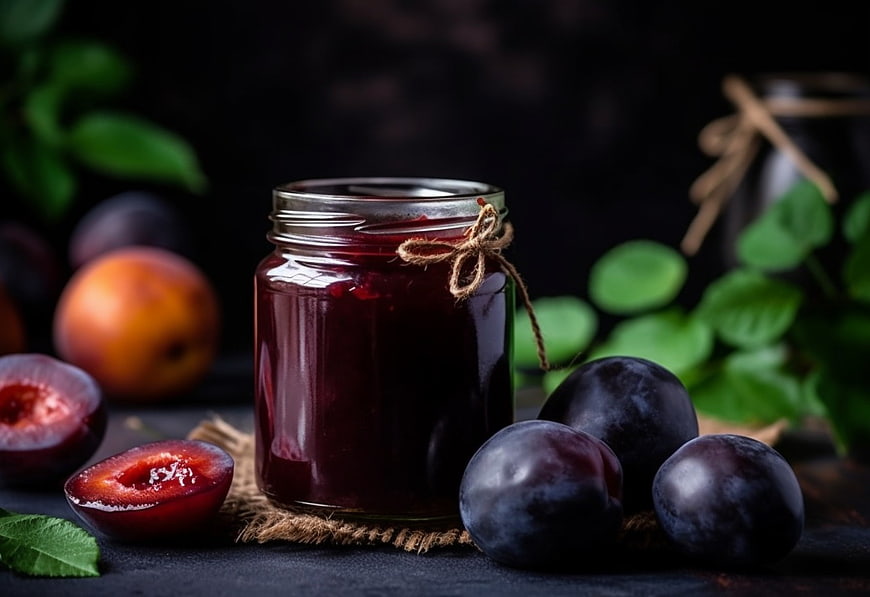 Homemade Plum Jam in Glass Jar with Fresh Plums