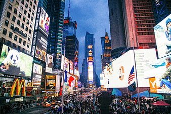 Times Square New York City Night Skyline with Crowds