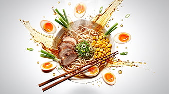 Dynamic Top View of Japanese Ramen with Pork and Eggs
