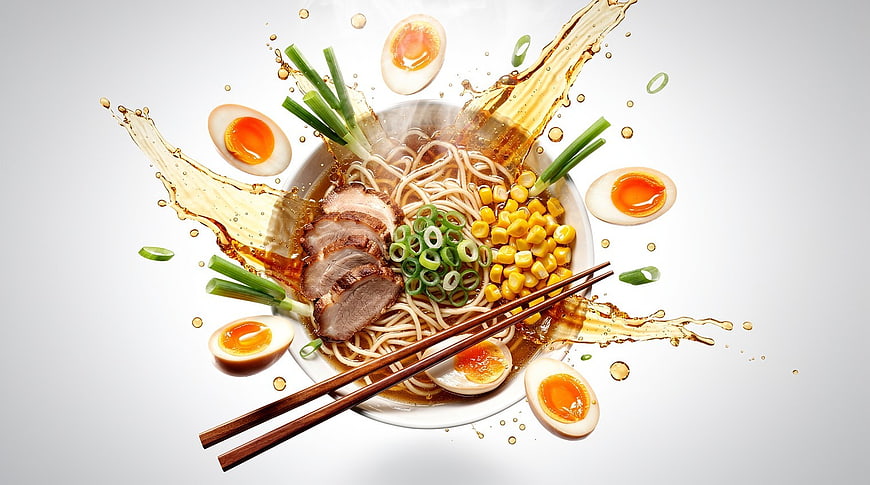 Dynamic Top View of Japanese Ramen with Pork and Eggs