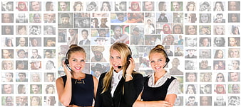 Three female call center agents with headsets against global faces background