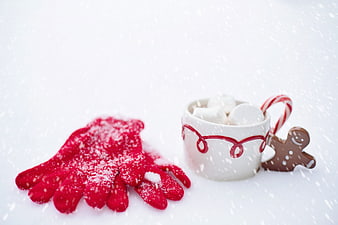 Cozy Christmas Hot Chocolate with Red Gloves and Gingerbread