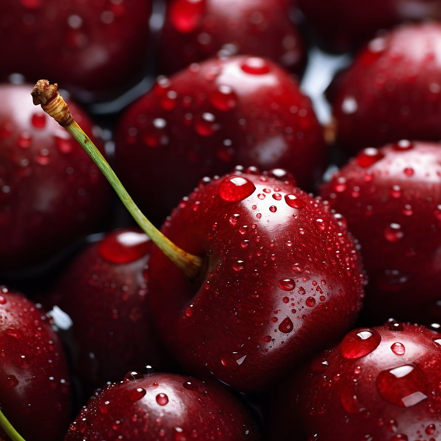 Close-up of fresh red cherries with water droplets