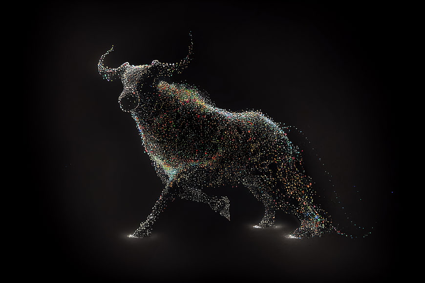 3D Particle Bull Symbolizing Financial Growth and Stock Market