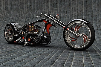 Custom Black And Red Chopper Motorcycle On Gray Brick Background
