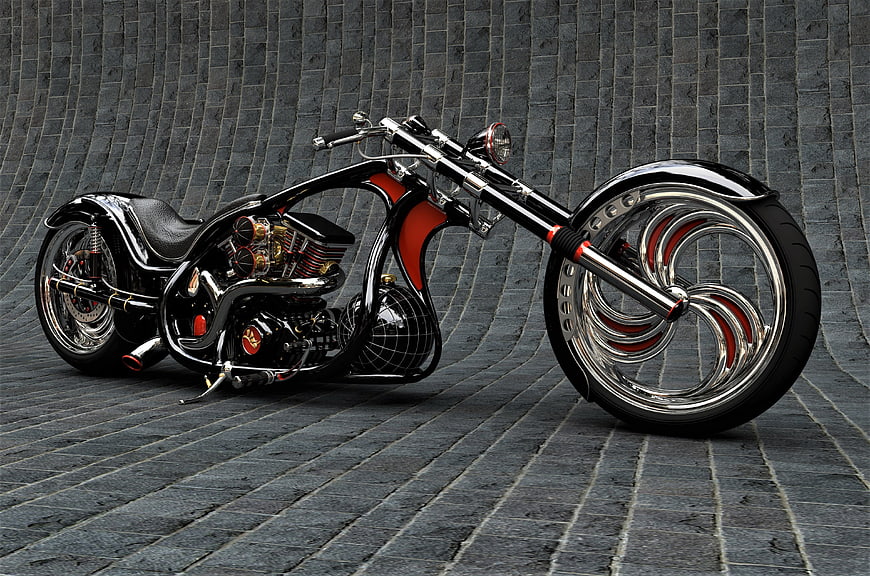 Custom Black And Red Chopper Motorcycle On Gray Brick Background