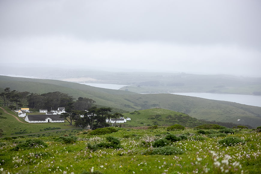 Misty Green Hills and White Buildings Coastal Landscape