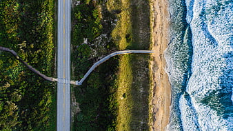 Aerial view of coastal road, forest, and ocean waves