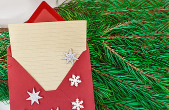 Red Christmas Envelope with Letter and Pine Branches
