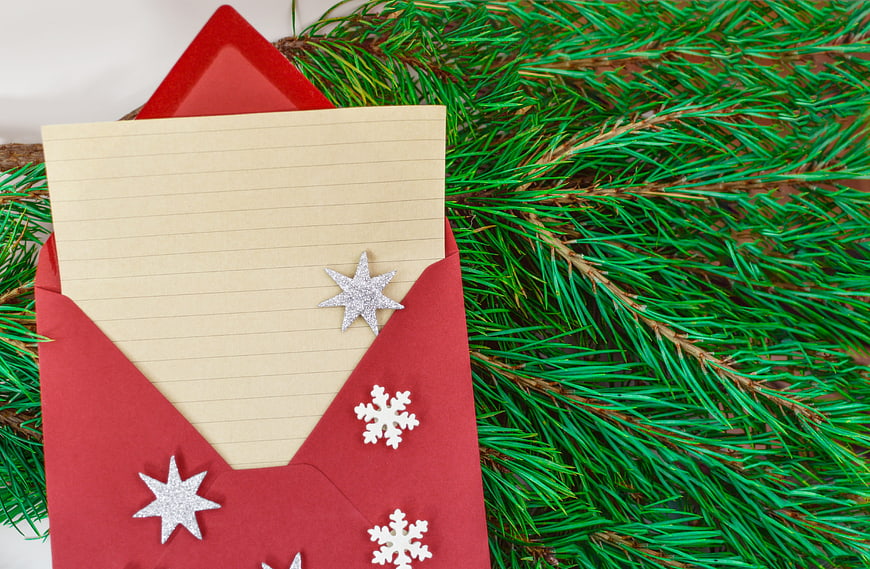 Red Christmas Envelope with Letter and Pine Branches