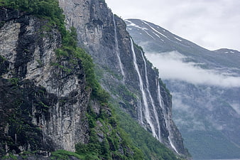 Majestic Waterfalls Cascading Down Steep Mountain Cliff