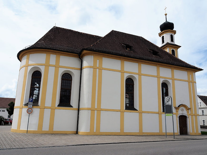 Yellow and white church with onion dome in Beilngries