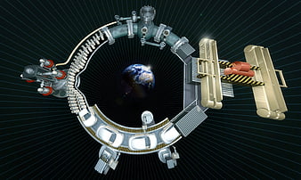 3D Conceptual Space Station Ring Orbiting Earth With Industrial Machinery