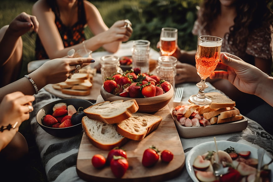 Friends enjoying a summer picnic with strawberries and sparkling wine