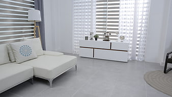 Modern minimalist living room with white sofa and sideboard