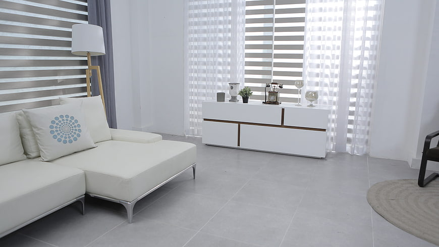Modern minimalist living room with white sofa and sideboard
