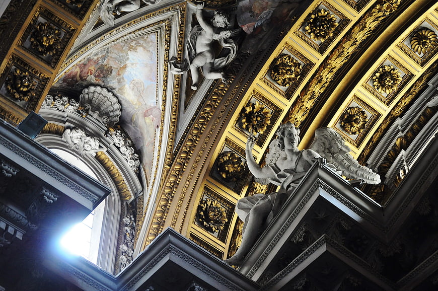 Low Angle View of Ornate Baroque Ceiling with Angel Statue