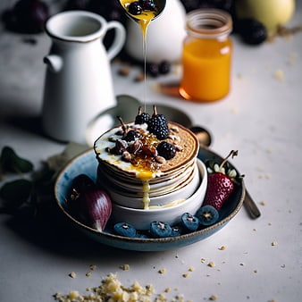 Stack of pancakes with berries and honey syrup