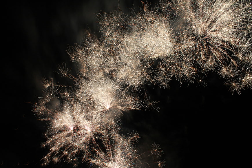 Golden Fireworks Bursting Against Dark Night Sky