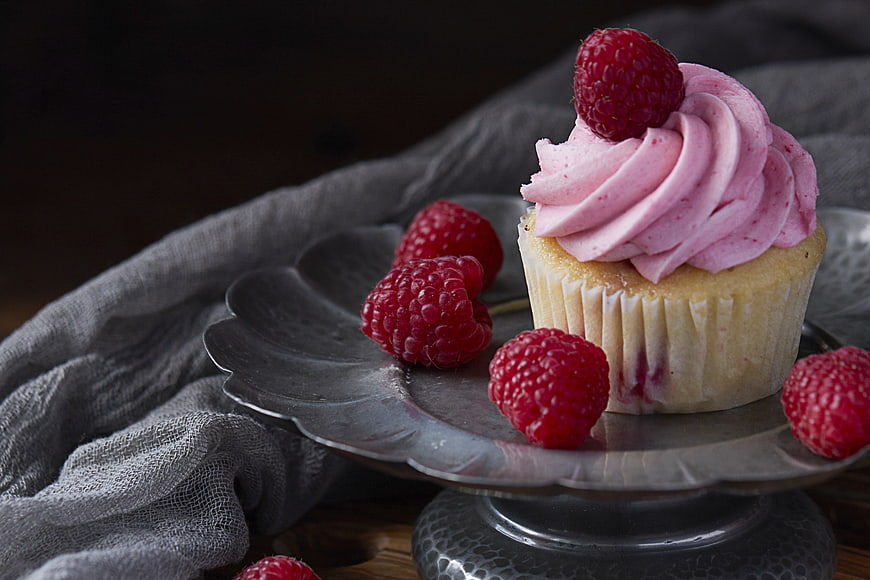 Raspberry Cupcake with Pink Frosting on Silver Stand