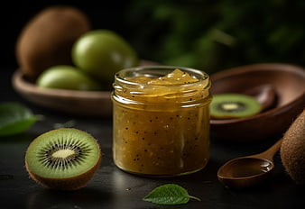 Homemade Kiwi Jam in Glass Jar with Fresh Fruit