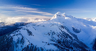 Snow-Capped Mountain Peak with Blue Sky and Clouds