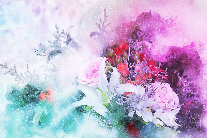 Abstract Floral Art with Pink Roses and White Lilies