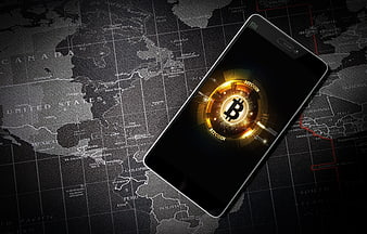 Smartphone displaying Bitcoin logo on dark world map background