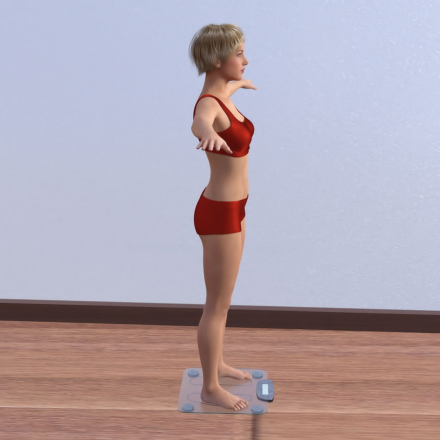 3D Render of Woman Standing on Digital Scale in Red Underwear