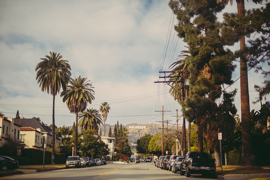 Hollywood Sign View from Residential Street with Palm Trees
