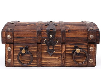 Vintage wooden treasure chest with metal hardware on white background