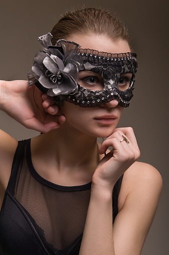 Woman in Black Lace Masquerade Mask Portrait