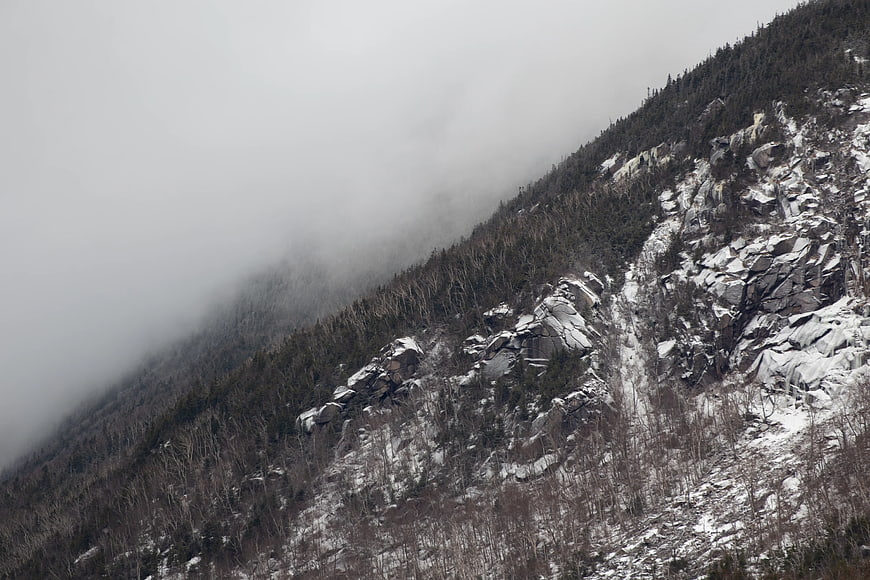 Snowy Mountain Slope with Fog and Pine Trees