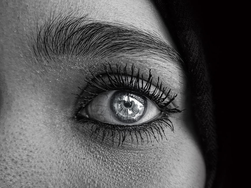 Close-up black and white portrait of a woman's eye