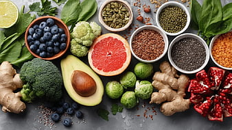 Top View of Fresh Healthy Superfoods and Vegetables