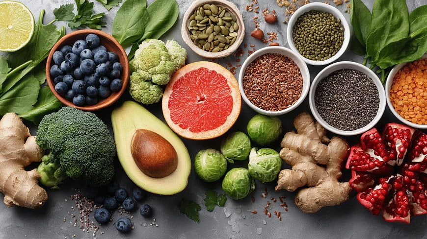 Top View of Fresh Healthy Superfoods and Vegetables
