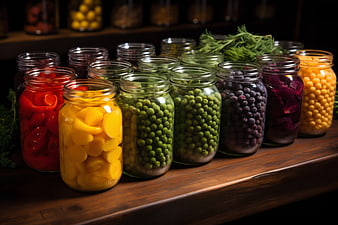 Colorful jars of pickled vegetables and fruits on wooden shelf