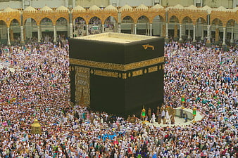 Crowded Kaaba in Mecca with Pilgrims Performing Tawaf