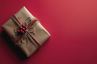 Minimalist Christmas Gift Box on Red Background
