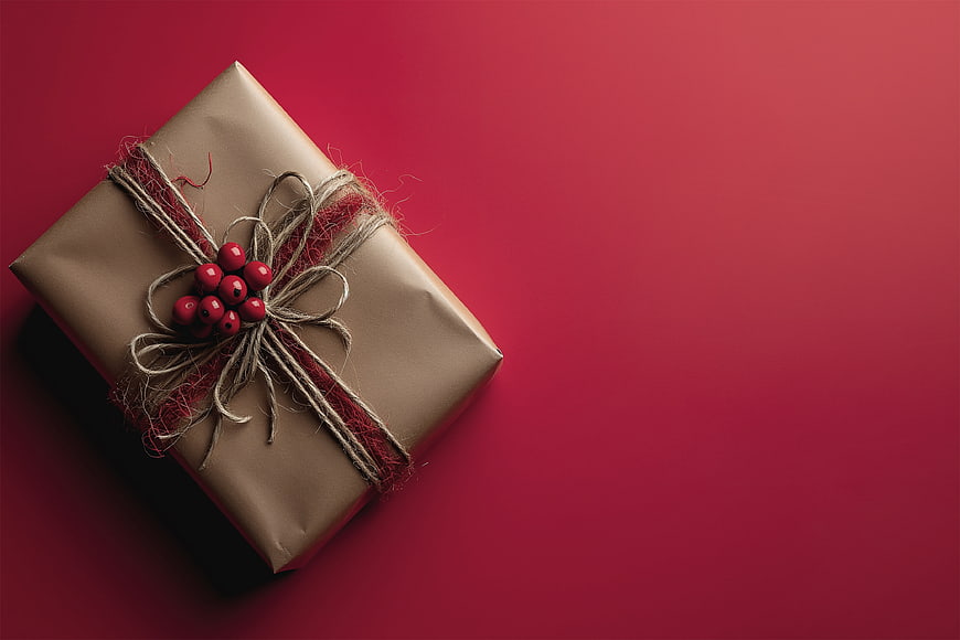 Minimalist Christmas Gift Box on Red Background