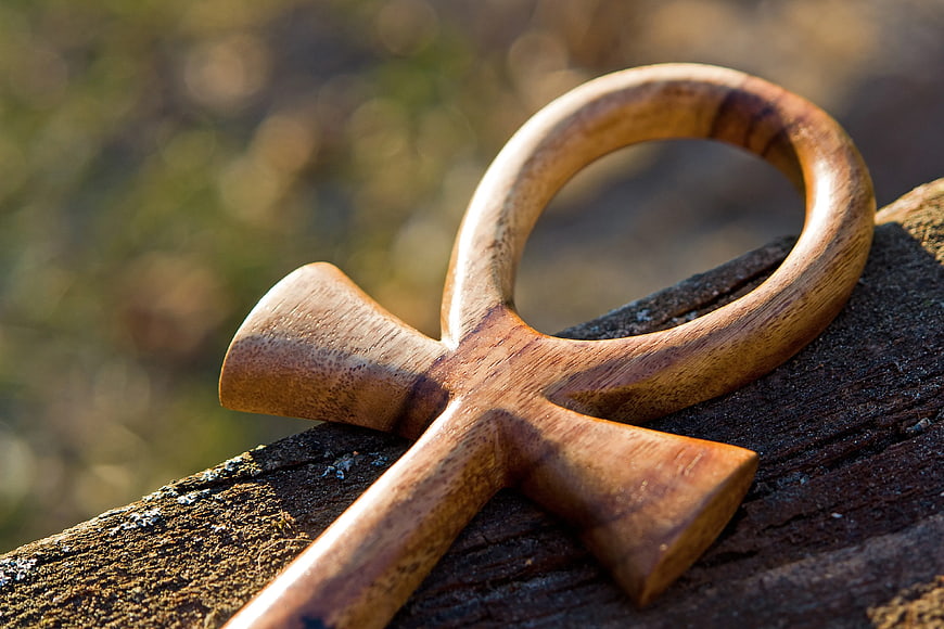 Carved Wooden Ankh Symbol on Weathered Log
