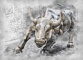 Artistic Pencil Sketch of Charging Bull Statue on Cobblestone Street