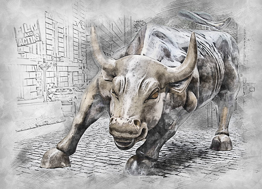 Artistic Pencil Sketch of Charging Bull Statue on Cobblestone Street