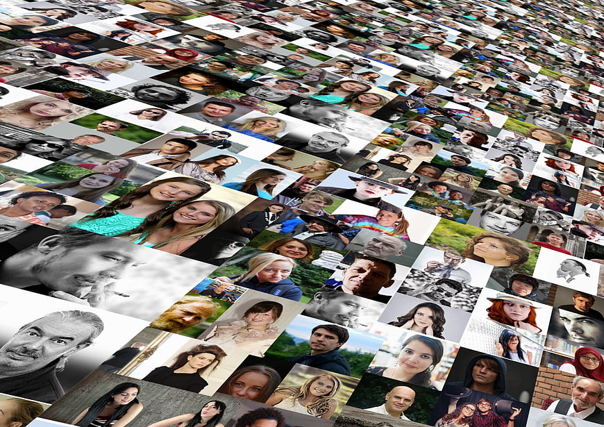 Diverse photomontage of human faces in a grid pattern