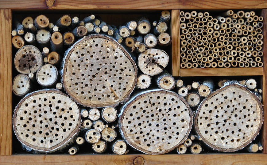 Insect hotel with drilled wood logs and bamboo tubes